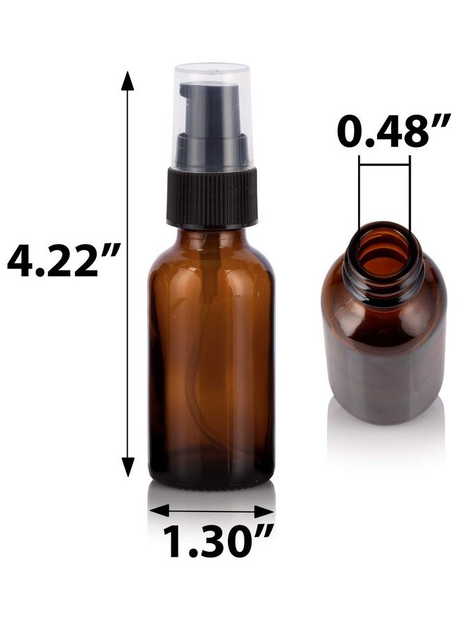 JUVITUS 1 oz / 30 ml Amber Glass Boston Round Bottle with Black Treatment Pump (12 pack) + Funnel Refillable Empty Storage Containers