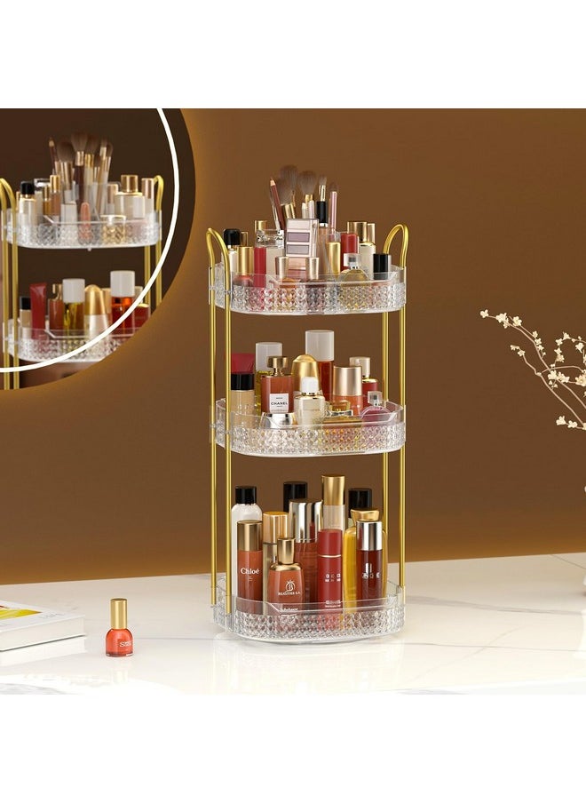 Awenia Rotating Makeup Organizer 360, Stackable Adjustable Large Capacity Cosmetic Storage Unit,Dresser Bathroom Kitchen Countertop Organizer with Metal Handle, Plus Size (Clear, 3 Tier)