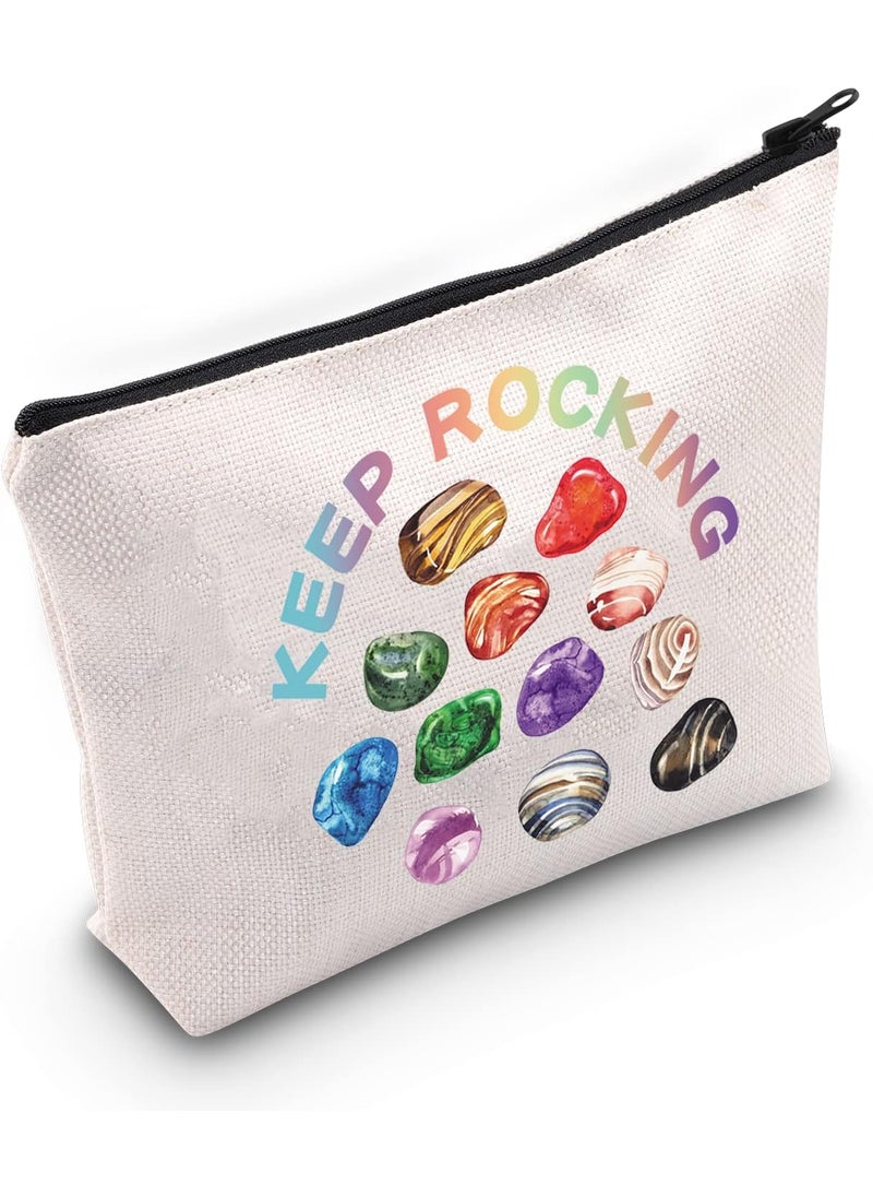 G2TUP Geologist Gift Keep Rocking Makeup Bag Geology Cosmetic Bag Rock Mineral Collector Gift Geology Lover Gift Zipper Travel Bag (Keep Rocking White Bag)