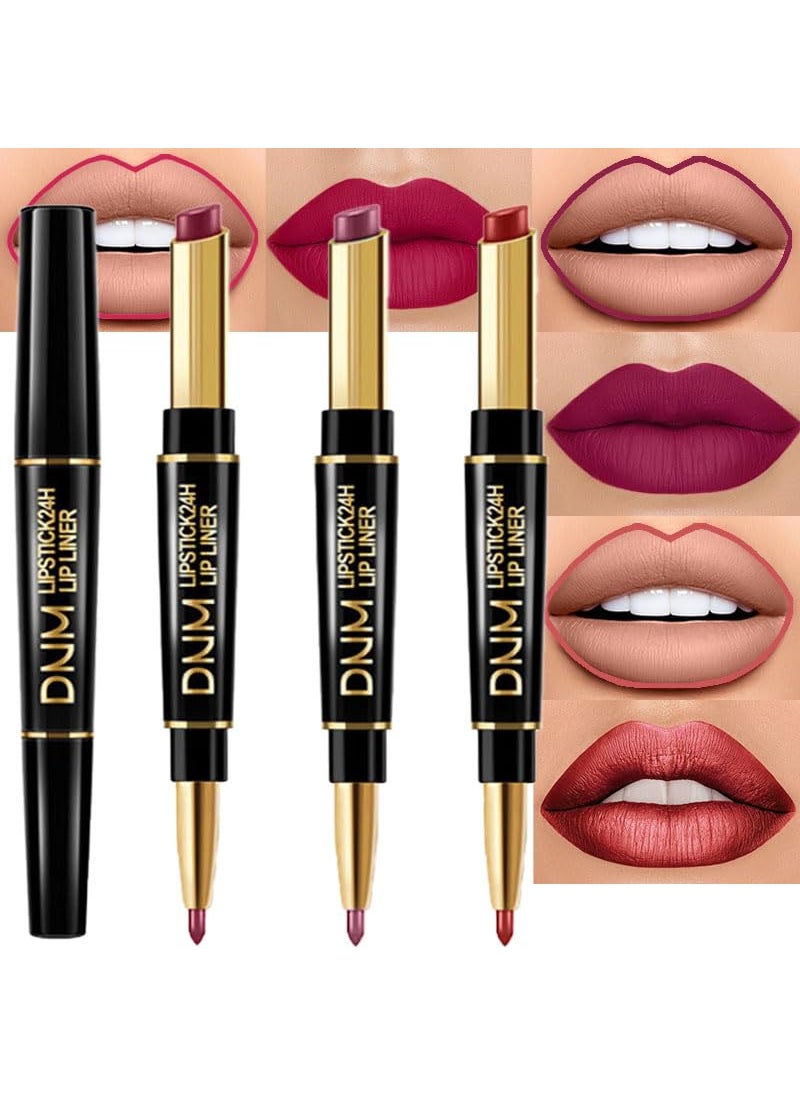 evpct 3Pcs Plum Purple Wine Mauve Red Lip Liner and Lipstick Set for Women DNM Matte Matt 24 Hour Lipstick Pen and with Lip Liner Pencil Set Long Lasting 24 labial labiales mate 24 horas originales