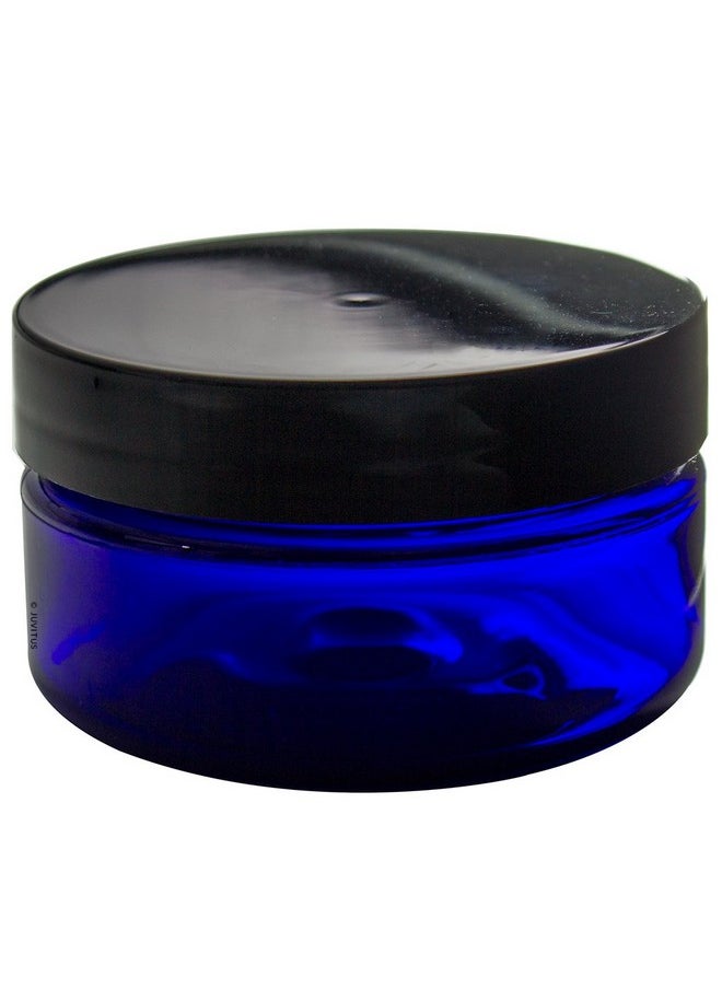 JUVITUS 2 oz Cobalt Blue Heavy Wall Plastic Refillable Low Profile Jar with Black Smooth Lid (6 pack)