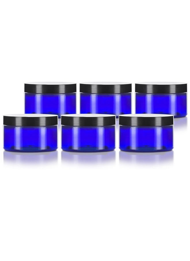 JUVITUS 2 oz Cobalt Blue Heavy Wall Plastic Refillable Low Profile Jar with Black Smooth Lid (6 pack)