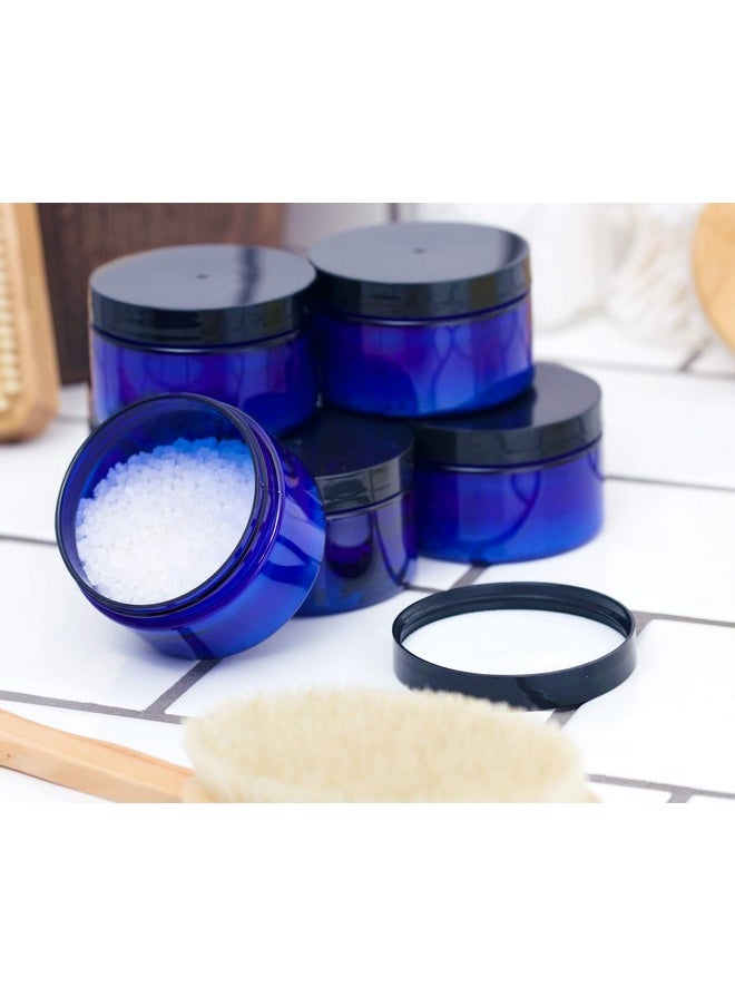 JUVITUS 2 oz Cobalt Blue Heavy Wall Plastic Refillable Low Profile Jar with Black Smooth Lid (6 pack)