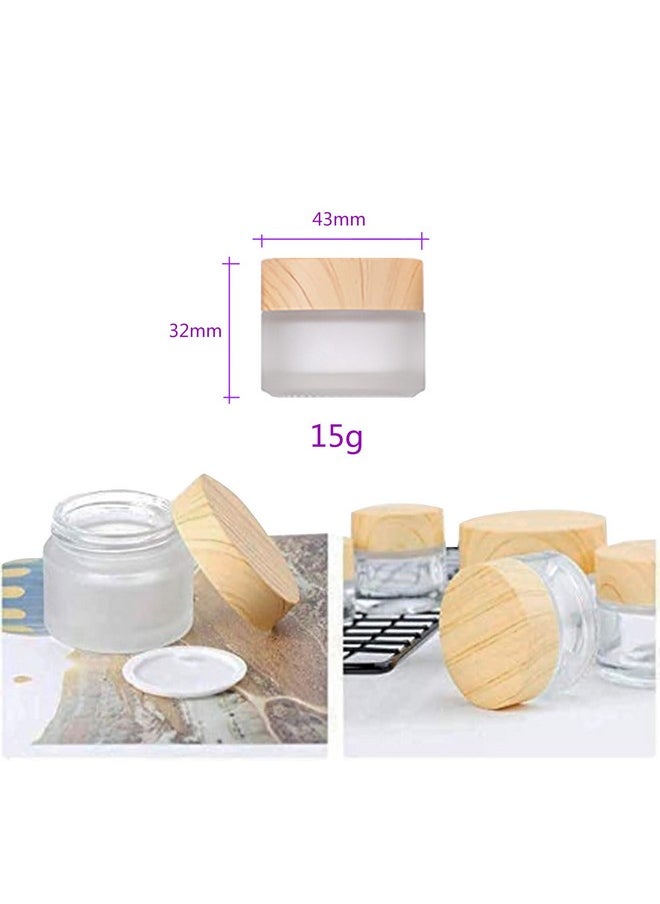 Healthcom 10 Packs 15ml/15g Empty Sample Jars Frosted Glass Cream Jar Bottle with Wood Grain Lid Cosmetic Containers Glass Cream Box Refillable Glass Cream Jar Pot for Makeup Lotion Face Eyeshadow