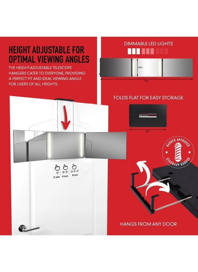 Self-Cut System - 3 Way Mirror with Lights - Three Way Mirror for Self Hair Cutting - Over The Door Mirror - Trifold Mirror - 360 Mirror - Barber Mirror - Self Haircut Mirror (Travel 3.0 LED)