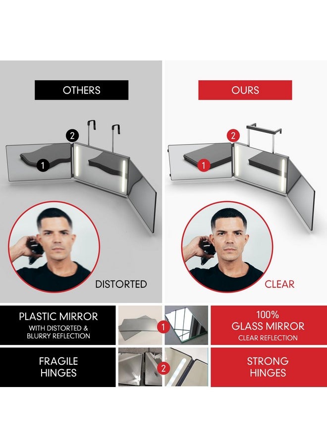Self-Cut System - 3 Way Mirror with Lights - Three Way Mirror for Self Hair Cutting - Over The Door Mirror - Trifold Mirror - 360 Mirror - Barber Mirror - Self Haircut Mirror (Travel 3.0 LED)
