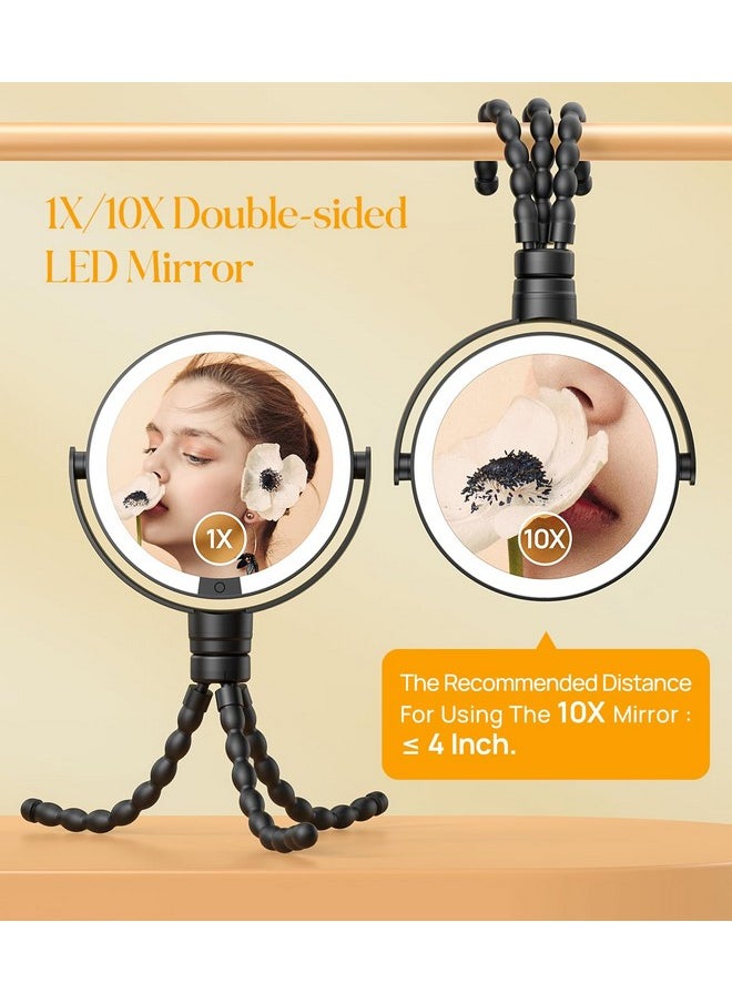 Gospire 5.85” Tripod Travel Makeup Mirror with Light and Magnification 1X/10X, 4 in 1 Winding Hanging Handheld Tabletop Mirror, 3 Color & Adjust Light Round Travel Mirror for Friend - Black