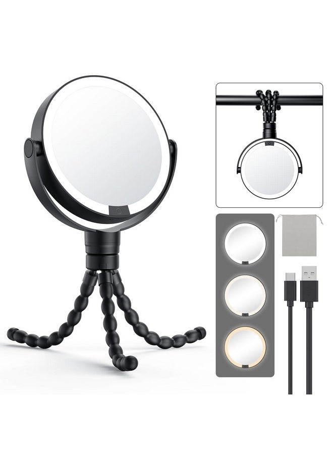 Gospire 5.85” Tripod Travel Makeup Mirror with Light and Magnification 1X/10X, 4 in 1 Winding Hanging Handheld Tabletop Mirror, 3 Color & Adjust Light Round Travel Mirror for Friend - Black