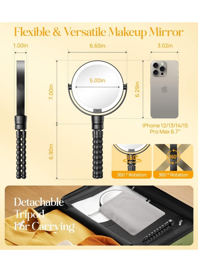 Gospire 5.85” Tripod Travel Makeup Mirror with Light and Magnification 1X/10X, 4 in 1 Winding Hanging Handheld Tabletop Mirror, 3 Color & Adjust Light Round Travel Mirror for Friend - Black