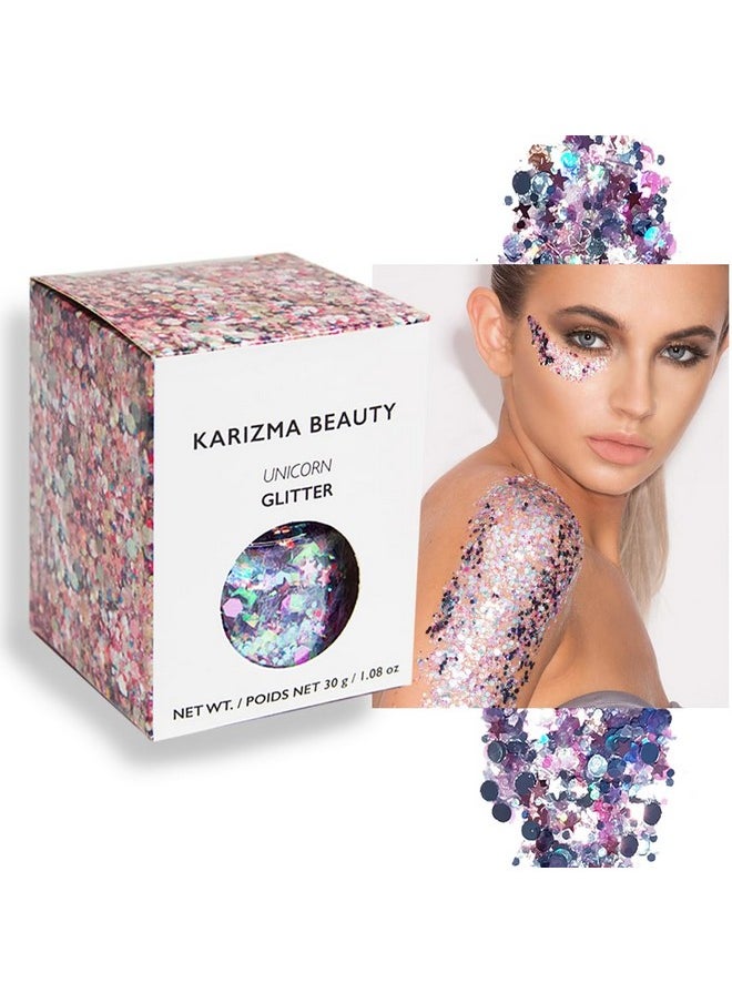 KARIZMA Unicorn Body Glitter. 30g Chunky Face Glitter, Hair Glitter, Eye Glitter and Body Glitter for Women. Rave Glitter, Festival Accessories, Cosmetic Glitter Makeup. Loose Glitter Set