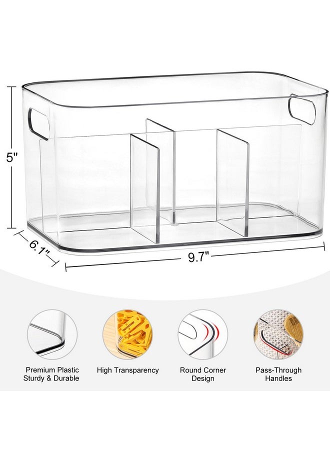 2 Pack, 5-Compartment Clear Plastic Bin - Divided Art Supplies, Cosmetic Makeup Caddy Organizer - Multiuse Storage Container for Vanity, Bathroom, Kitchen, Office, Craft, Shower, Cleaning Items