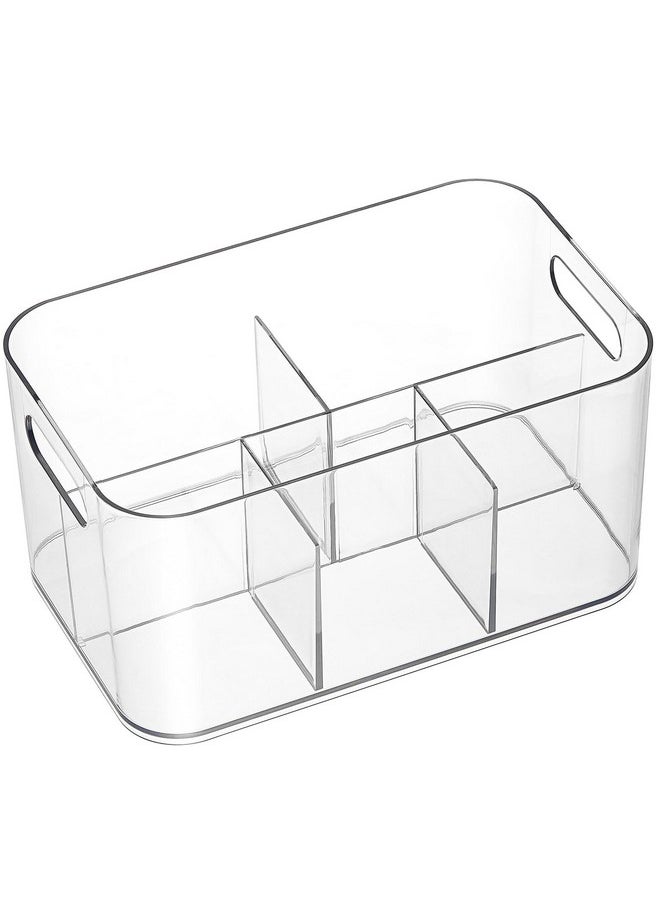2 Pack, 5-Compartment Clear Plastic Bin - Divided Art Supplies, Cosmetic Makeup Caddy Organizer - Multiuse Storage Container for Vanity, Bathroom, Kitchen, Office, Craft, Shower, Cleaning Items