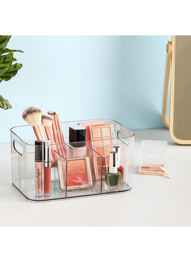 2 Pack, 5-Compartment Clear Plastic Bin - Divided Art Supplies, Cosmetic Makeup Caddy Organizer - Multiuse Storage Container for Vanity, Bathroom, Kitchen, Office, Craft, Shower, Cleaning Items