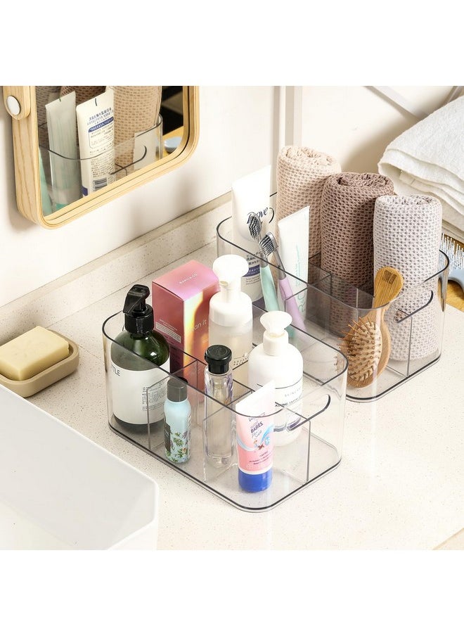 2 Pack, 5-Compartment Clear Plastic Bin - Divided Art Supplies, Cosmetic Makeup Caddy Organizer - Multiuse Storage Container for Vanity, Bathroom, Kitchen, Office, Craft, Shower, Cleaning Items