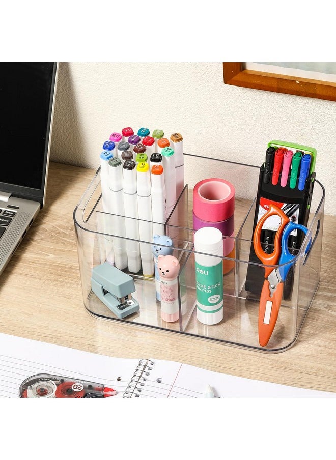 2 Pack, 5-Compartment Clear Plastic Bin - Divided Art Supplies, Cosmetic Makeup Caddy Organizer - Multiuse Storage Container for Vanity, Bathroom, Kitchen, Office, Craft, Shower, Cleaning Items