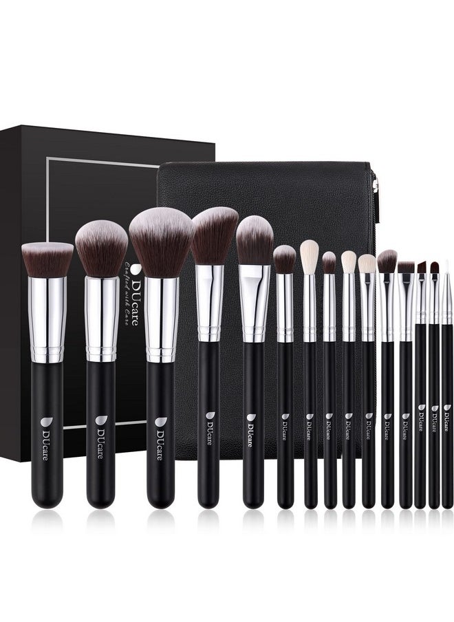 DUCARE Premium Synthetic Kabuki Foundation Eyeshadow Makeup Brushes with Cosmetic Bag Set (Black), 15 Pcs