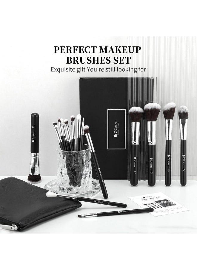 DUCARE Premium Synthetic Kabuki Foundation Eyeshadow Makeup Brushes with Cosmetic Bag Set (Black), 15 Pcs