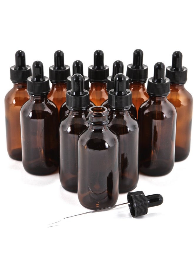 12, Amber, 2 oz Glass Bottles, with Glass Eye Droppers
