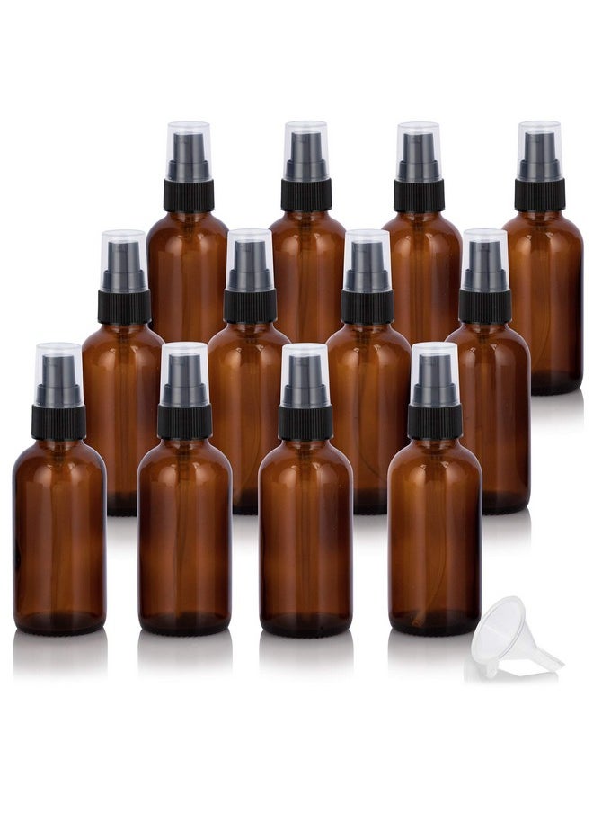 JUVITUS 2 oz / 60 ml Amber Glass Boston Round Bottle with Black Treatment Pump (12 Pack) Refillable Empty Storage Containers