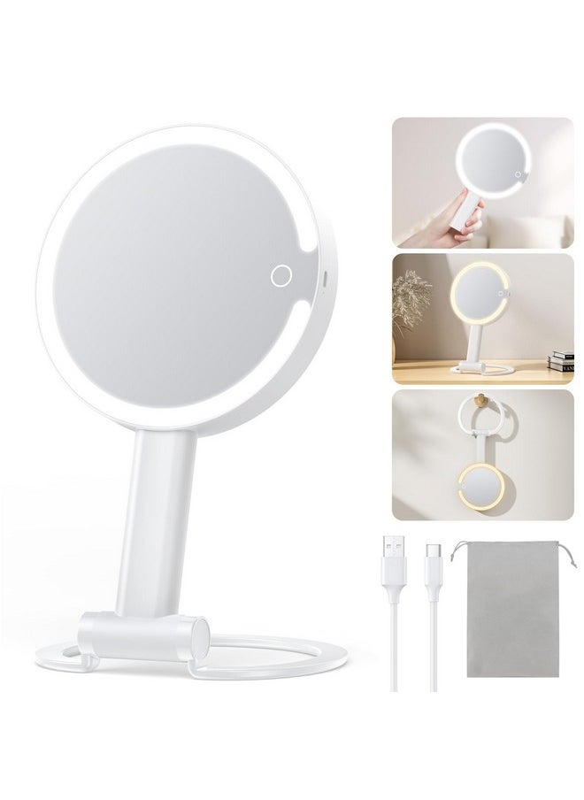 Gospire Magnifying Mirror with Light 10X 1X Magnifition 2-Sided Travel Makeup Mirror Rechargeable 3 in 1 Hand Held Desk Hanging Lighted Mirror with 3 Color Dimmable Lights LED Vanity Mirror