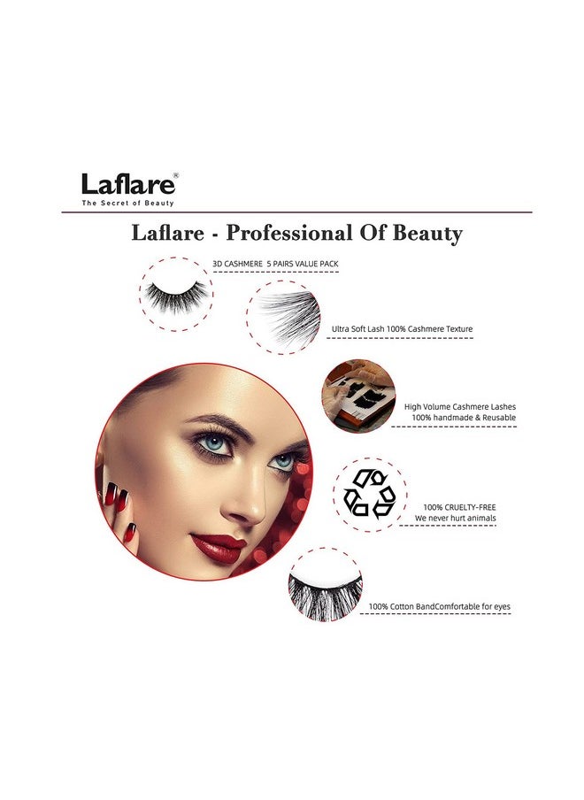 Laflare 3D Cashmere False Eyelashes Multipack, Ultra Soft, Glam, Luxurious, Cruelty-Free, Reusable, Fake Eyelashes 5 Pairs Value Pack (109X5P)