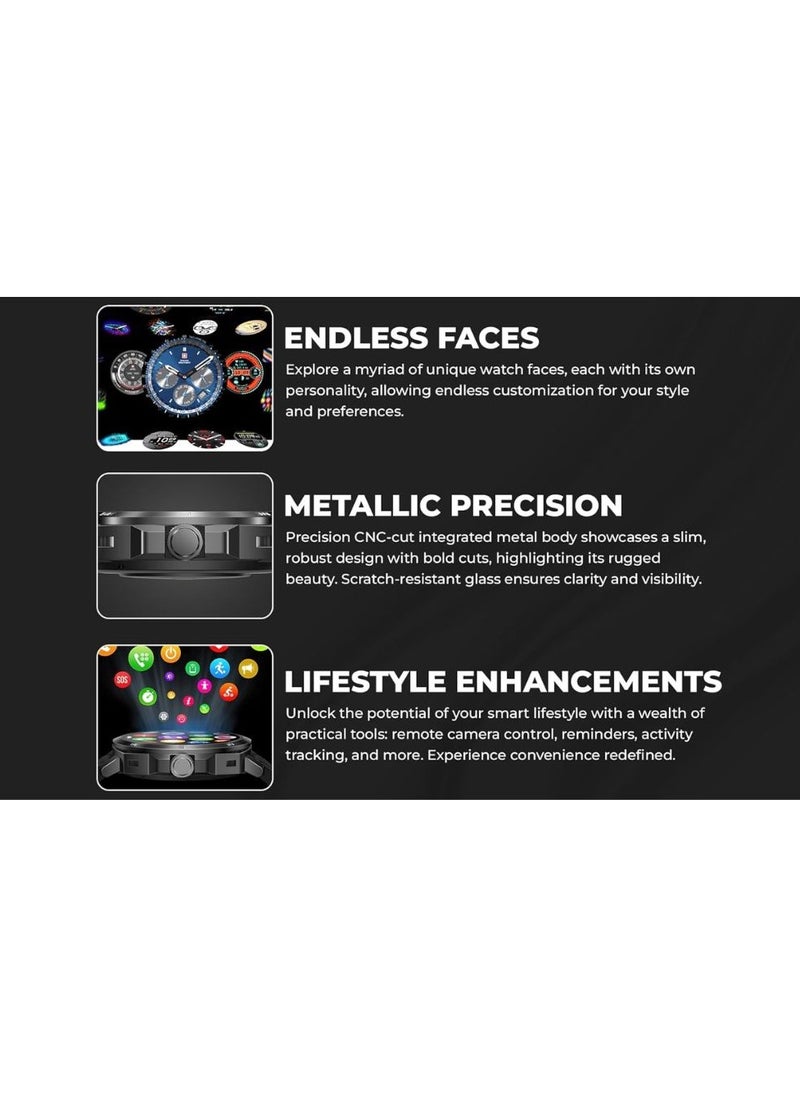 Dom 4 Smartwatch - 1.43 Inch Amoled, Call Features, Multi Language, Heart Rate/BP/Oxygen Level Monitoring, Wireless Charging, 5-7 Days Battery Life,IP67, Compatibility: iOS/Android Gun Metal Black