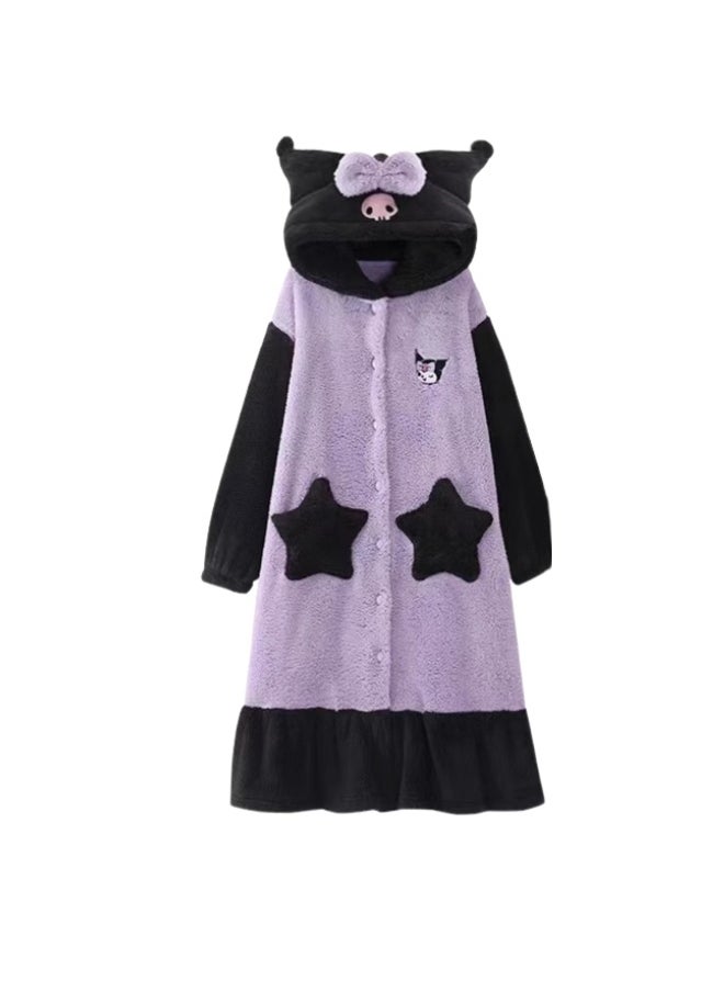 Cute Sanrio Kuromi Fleece Pajama Robe – Cozy Homewear Dress for Women