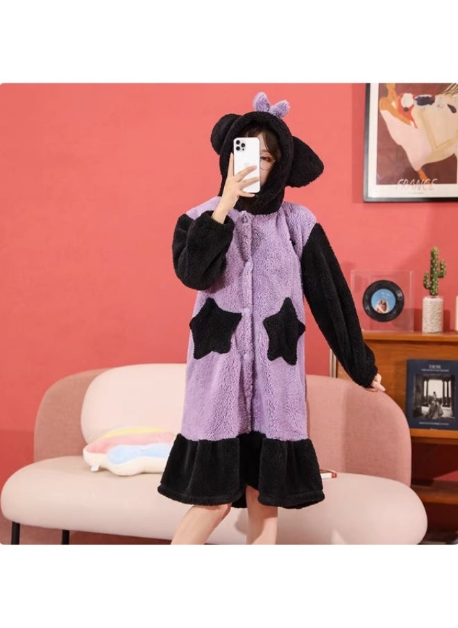 Cute Sanrio Kuromi Fleece Pajama Robe – Cozy Homewear Dress for Women
