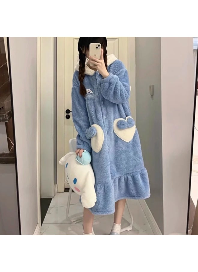 Cute Sanrio Cinnamoroll Fleece Pajama Robe – Cozy Homewear Dress for Women