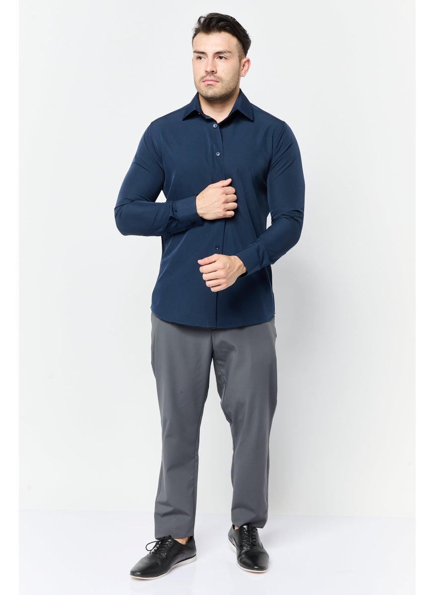Men Modern Fit Plain Long Sleeve Dress Shirt, Navy