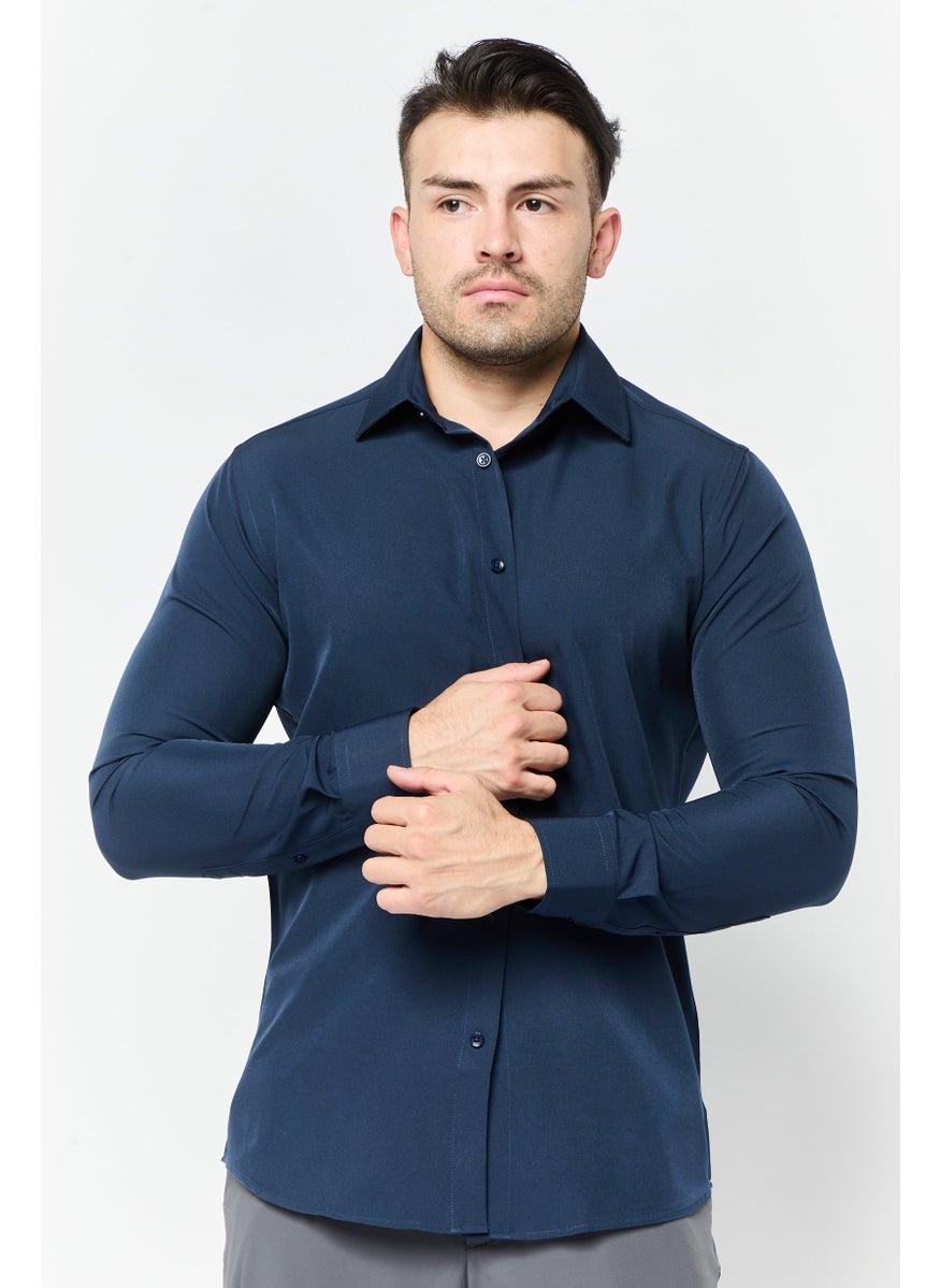 Men Modern Fit Plain Long Sleeve Dress Shirt, Navy