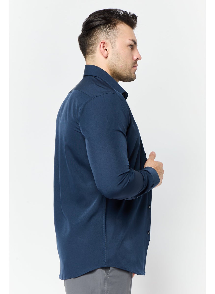Men Modern Fit Plain Long Sleeve Dress Shirt, Navy
