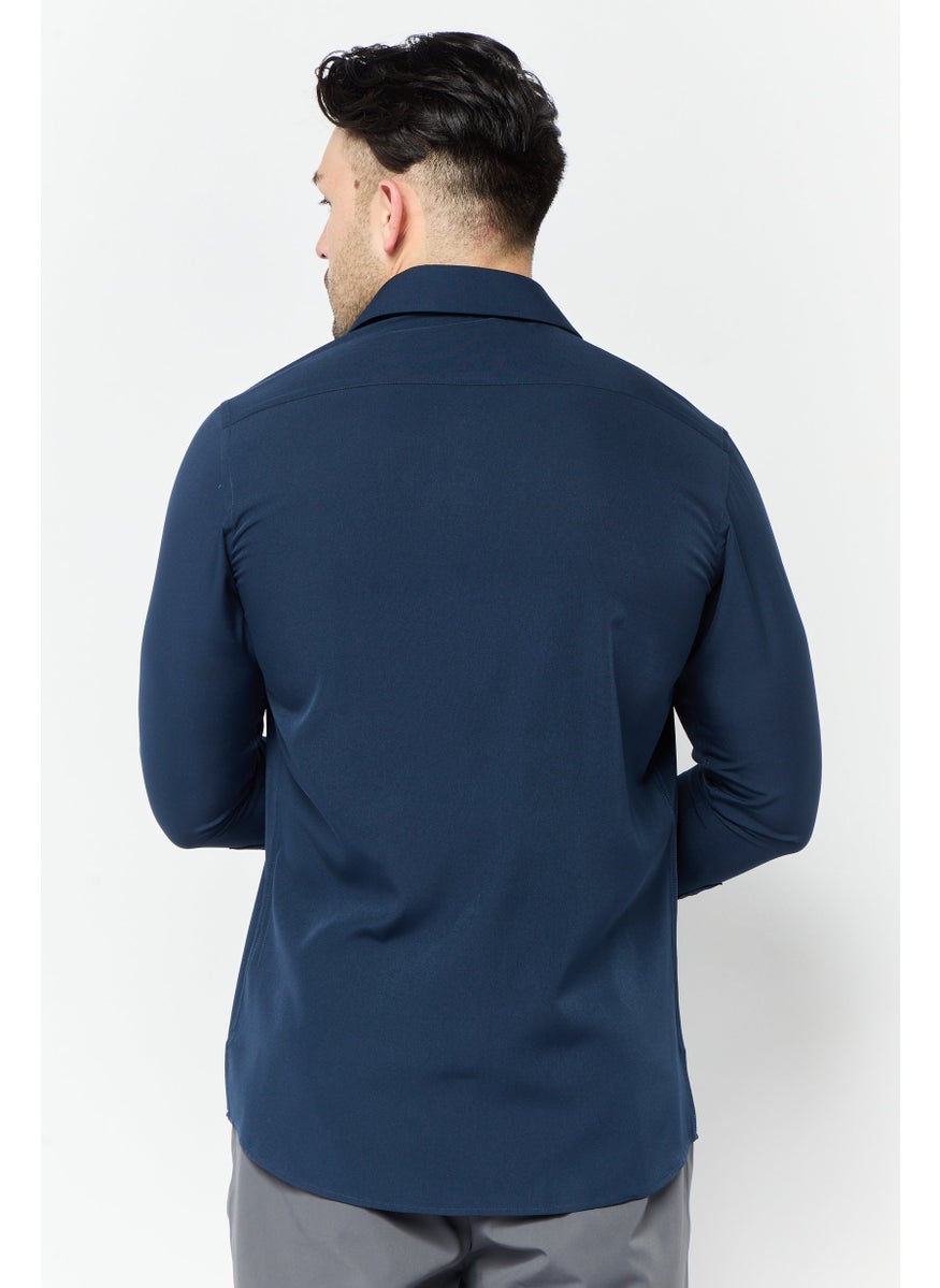 Men Modern Fit Plain Long Sleeve Dress Shirt, Navy