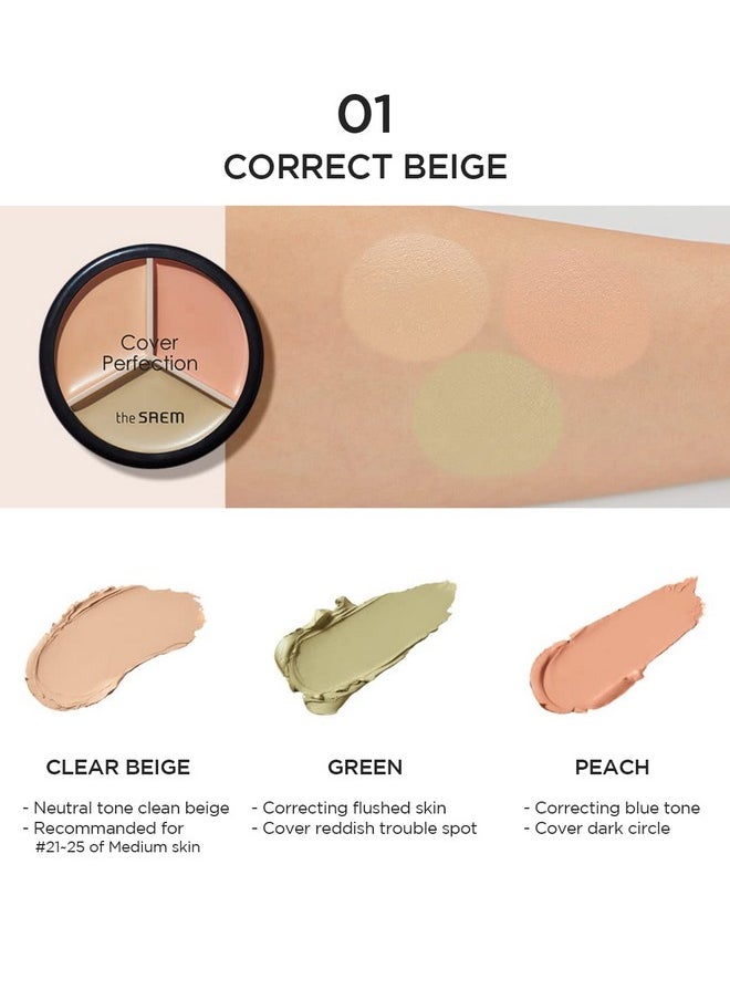 THE SAEM Cover Perfection Triple Pot Concealer - 3 Color Concealer with Clear Beige, Green & Peach Shades - Full Coverage Concealer to Correct & Conceal Redness, Dark Circles, 01 Correct Beige