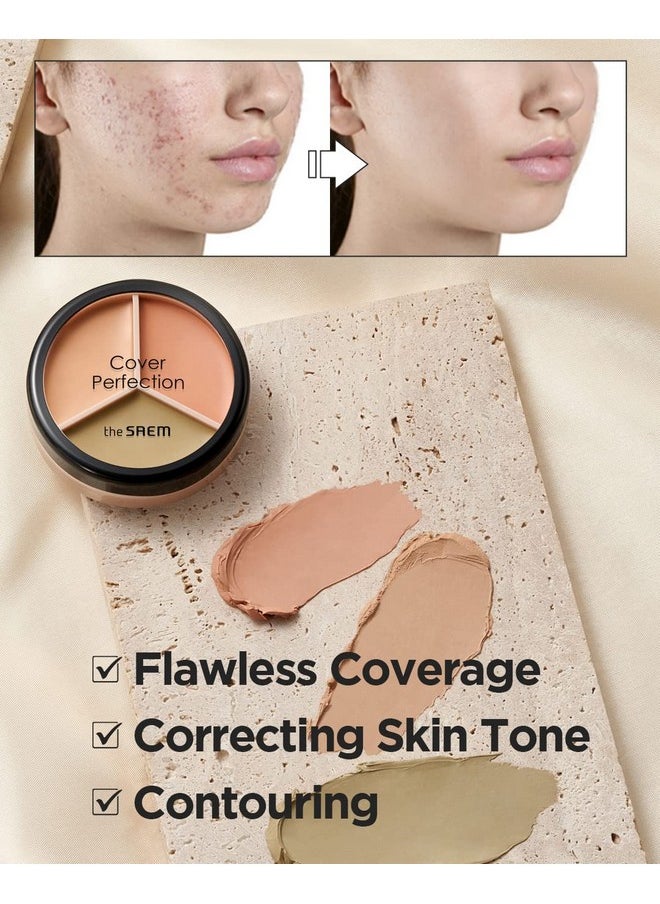 THE SAEM Cover Perfection Triple Pot Concealer - 3 Color Concealer with Clear Beige, Green & Peach Shades - Full Coverage Concealer to Correct & Conceal Redness, Dark Circles, 01 Correct Beige
