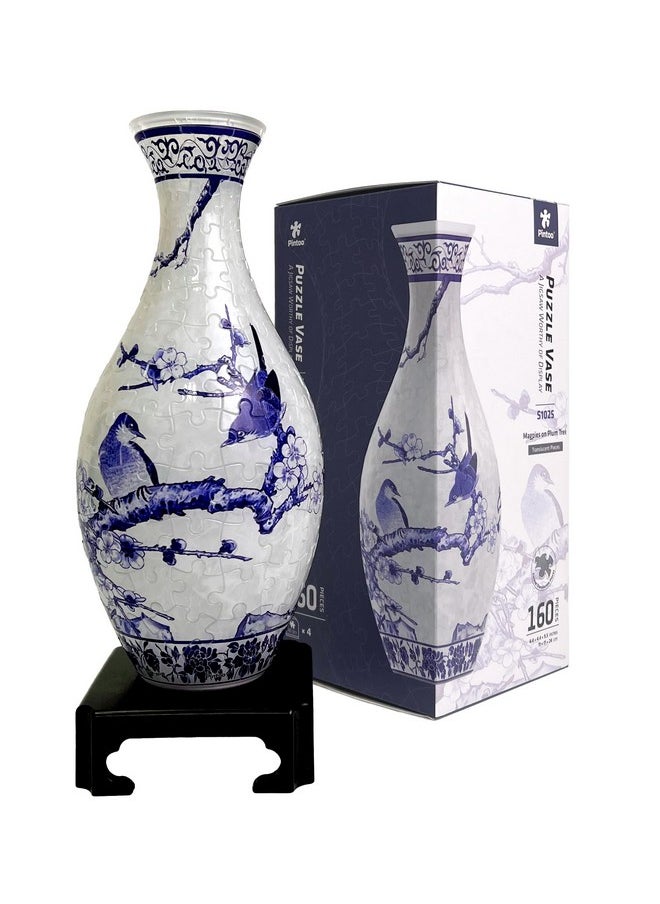 Pintoo 3D Puzzle Vase Unique Flower Vase Made by 160 Curved Plastic Puzzle Pieces House Warming Gift for Flower Arrangements and Home Decoration - [S1025] (Translucent, Magpies on Plum Tree)