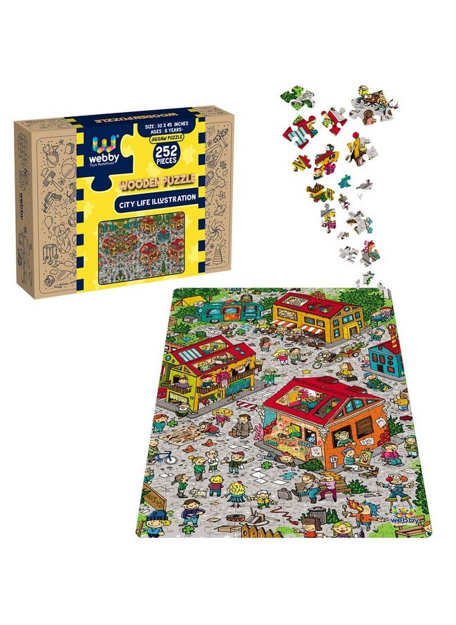 Webby City Life Illustration Wooden Jigsaw Puzzle, 252 Pieces- Multicolour