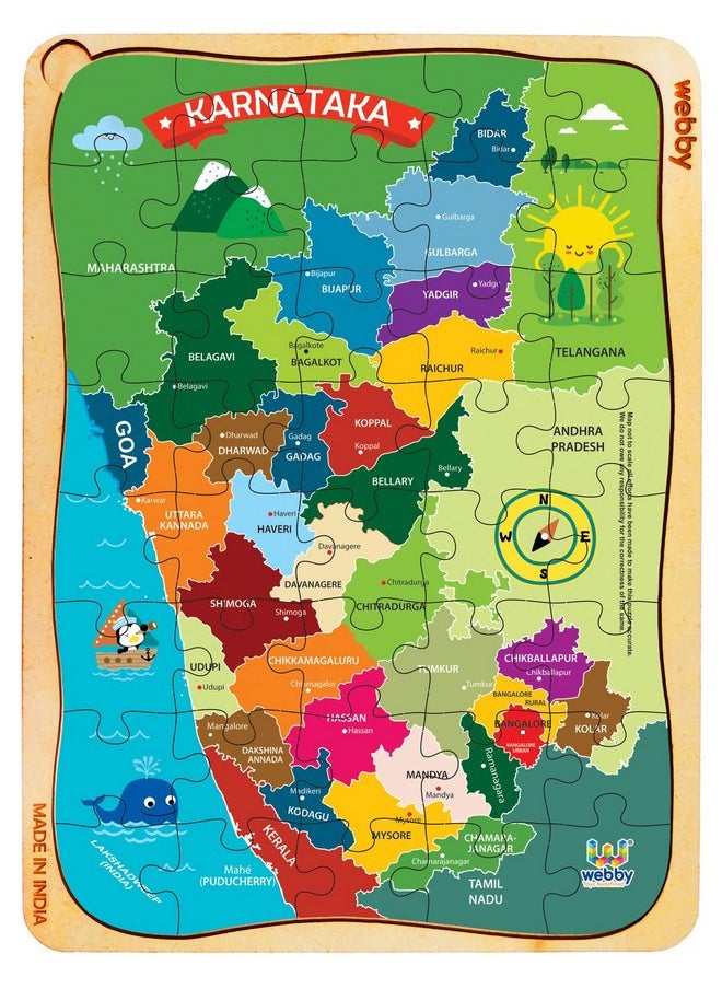 Webby Karnataka Map Wooden Jigsaw Puzzle, 40Pcs - Kids