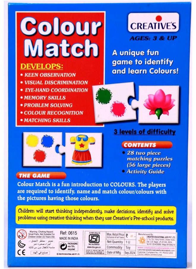 Creative’s Colour Match| Learn to Identify Colours | Jigsaw Puzzles |Toddler Puzzles | Fun Games for kids |Colour matching Puzzles |Learning Games | Eye Hand Coordination Puzzles for Kids |Ages 3 & Up