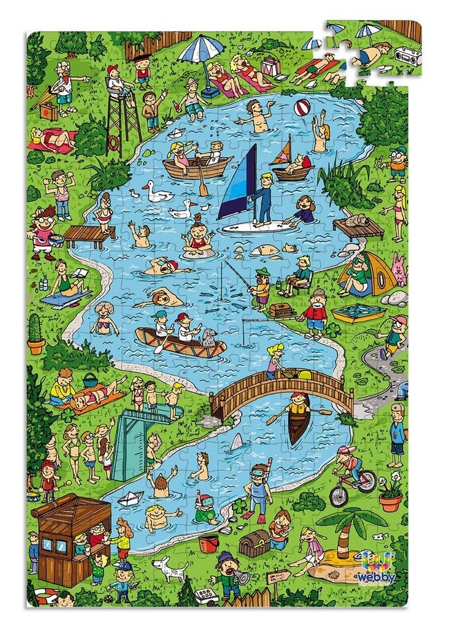 Webby Town Lake Illustration Wooden Jigsaw Puzzle, 252 Pieces