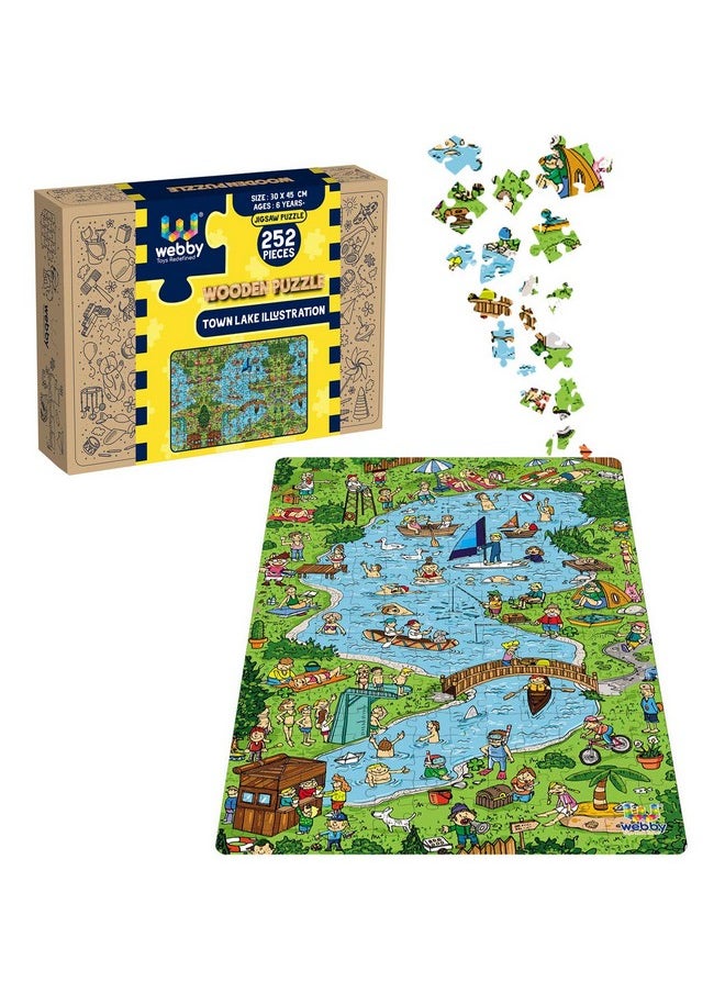Webby Town Lake Illustration Wooden Jigsaw Puzzle, 252 Pieces