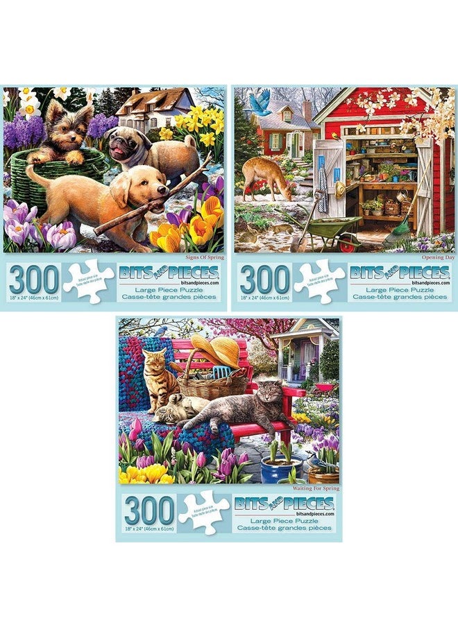 Bits and Pieces - Value Set of Three (3) - 300 Piece Jigsaw Puzzles for Adults - Spring Collection Large Piece Jigsaws by Artist Larry Jones - 18” x 24”