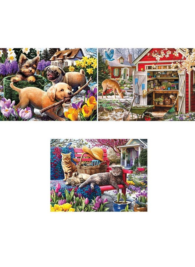 Bits and Pieces - Value Set of Three (3) - 300 Piece Jigsaw Puzzles for Adults - Spring Collection Large Piece Jigsaws by Artist Larry Jones - 18” x 24”