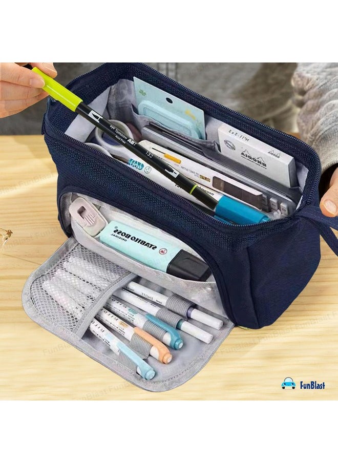 FunBlast Large Capacity Pencil Pouches, Multipurpose Zipper Pouch, Aesthetic Pencil Case for College Students, School Pouch for Girls, Stylish Cute Pen Pouch for Girls Korean Bag (Navy Blue)
