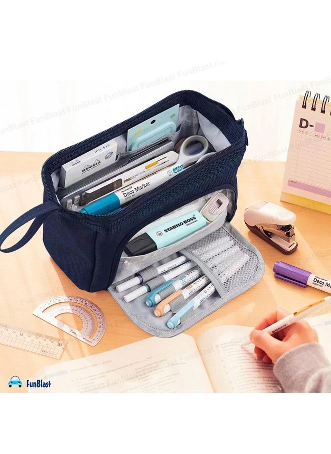FunBlast Large Capacity Pencil Pouches, Multipurpose Zipper Pouch, Aesthetic Pencil Case for College Students, School Pouch for Girls, Stylish Cute Pen Pouch for Girls Korean Bag (Navy Blue)