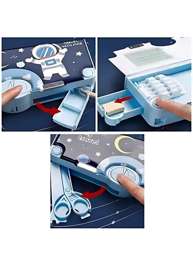PARTEET Plastic Astronaut Printed Pencil Box With Magnetic Lock Sharpener And Pen & Pencil Holder, Time Table Card, Eraser, Tape, Scale, Stationary Organizer, Birthday Return Gift (Blue)