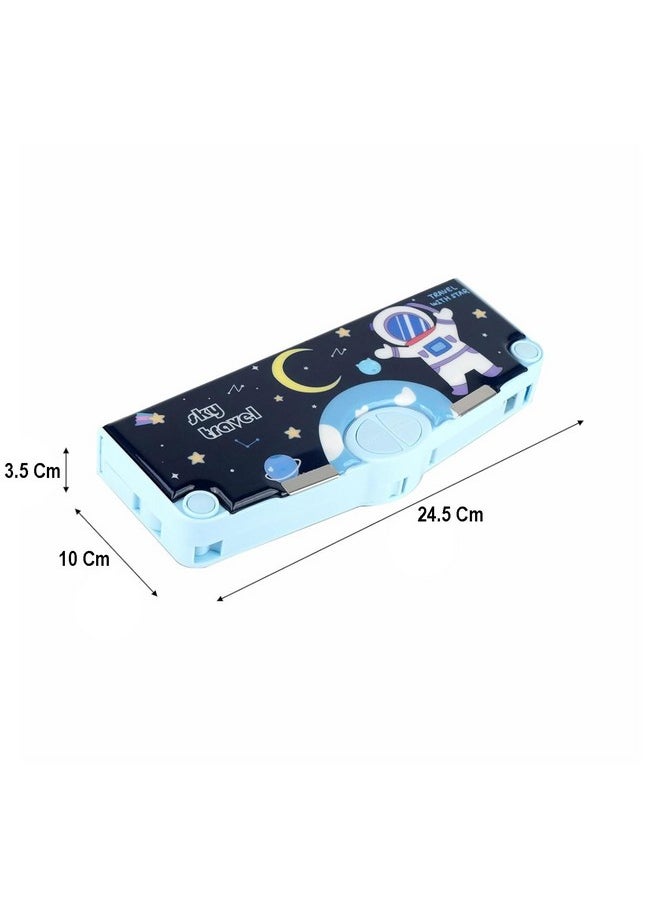 PARTEET Plastic Astronaut Printed Pencil Box With Magnetic Lock Sharpener And Pen & Pencil Holder, Time Table Card, Eraser, Tape, Scale, Stationary Organizer, Birthday Return Gift (Blue)