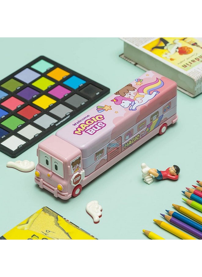 FunBlast Pencil Box For Kids Bus With Moving Tyres & Sharpener For Kids Truck, Unicorn Pencil Box For Girls, Geometry Box For Kids & Girls (Pink Magic Bus, Metal)
