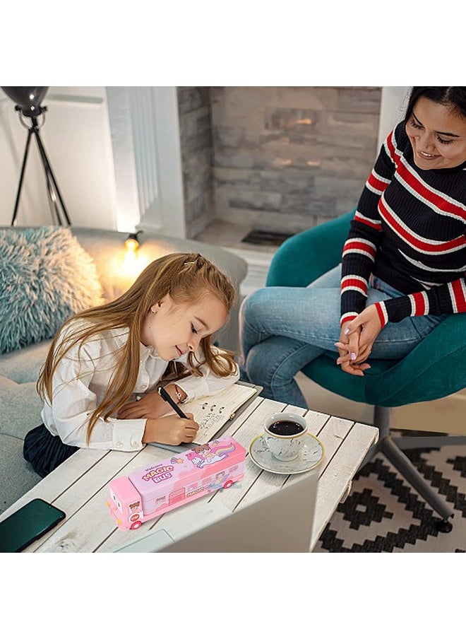 FunBlast Pencil Box For Kids Bus With Moving Tyres & Sharpener For Kids Truck, Unicorn Pencil Box For Girls, Geometry Box For Kids & Girls (Pink Magic Bus, Metal)