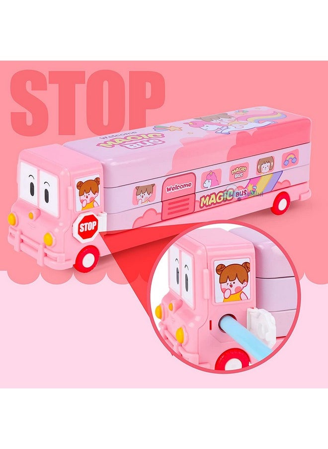 FunBlast Pencil Box For Kids Bus With Moving Tyres & Sharpener For Kids Truck, Unicorn Pencil Box For Girls, Geometry Box For Kids & Girls (Pink Magic Bus, Metal)